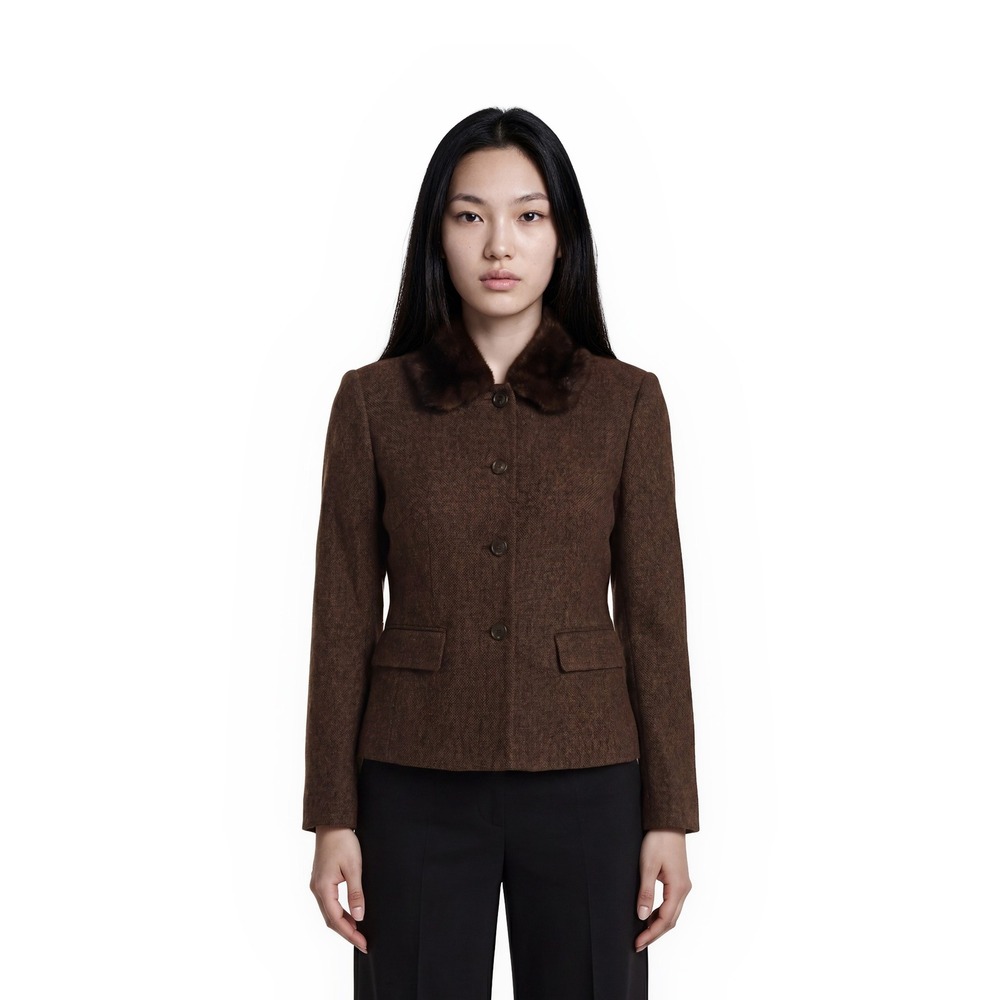 Talbots Vintage Blazer Women's Size 6 Brown 100% Lambswool Herringbone‎ Faux Fur